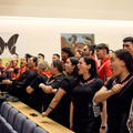 Representatives of Mākereti’s tribe, Tūhourangi, performing a traditional Māori chant to welcome Mākereti’s spirit and her family during the Māori remembrance ceremony held at the Natural History Museum. 