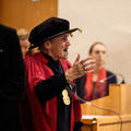 Emeritus Professor Ngahuia Te Awekotuku giving a speech to visitors from Aotearoa at the Natural History Museum. 