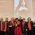 June Northcroft Grant, who received the award on behalf of her ancestor Mākereti, is pictured with Emeritus Professor Ngahuia Te Awekotuku and visitors from Aotearoa.