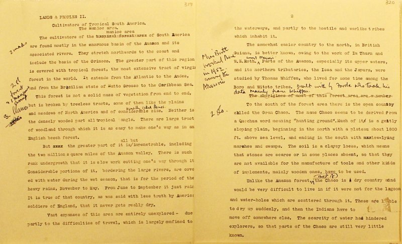 Photo of typed pages on the lands peoples ii cultivators of tropical south america the manioc area blackwood papers pitt rivers museum