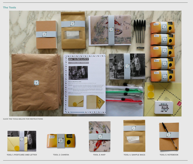 An image showing envelopes, notebooks cameras maps, a sample bag and packaging that makes up the tool kit