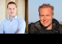 Portrait photographs of Lukas Reinhardt and Harvey Whitehouse. Lukas is a white man wearing a blue shirt, standing by a building wall. Harvey is a white man wearing a black jacket, standing outside.