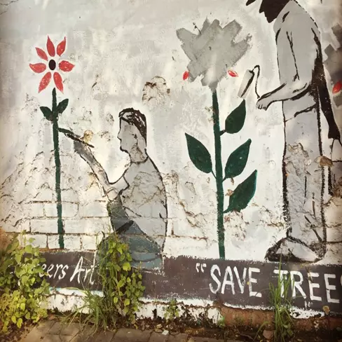 Wall painting that says Save trees
