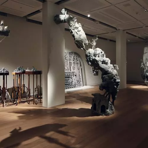 A view of the exhibition, On Paradise in the White Box Gallery space at the Schwarman Centre
