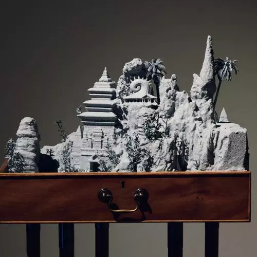 A sculpture of imagined landscape in a drawer