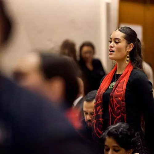 Representatives of Mākereti's tribe, Tūhourangi, singing in the Māori remembrance ceremony. 