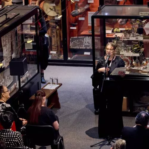 Professor Laura Van Broekhoven, Director of the Pitt Rivers Museum, delivering a speech at the reception at the Pitt Rivers Museum. 
