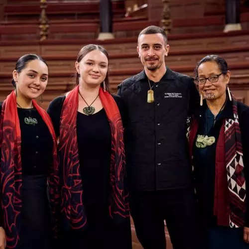A photo of June Northcroft Grant's granddaughter, great-nieces and great-nephews taken in the Sheldonian Theatre after the graduation ceremony, representing multiple generations of Mākereti's family.   