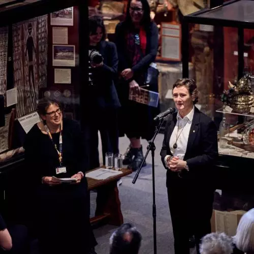 Professor Irene Tracy, Vice-Chancellor of the University of Oxford, giving a speech at the reception at the Pitt Rivers Museum. 