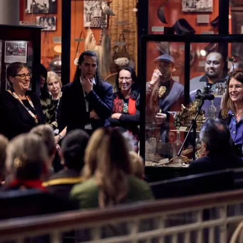 A guest delivering a speech at the reception at the Pitt Rivers Museum. 