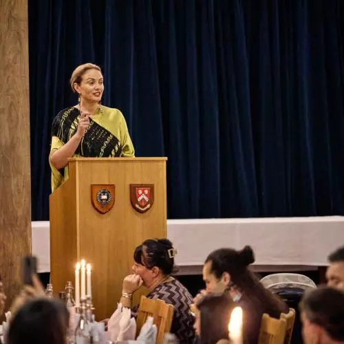 A representative of Māori community delivering a speech during the dinner at St Anne's College. 