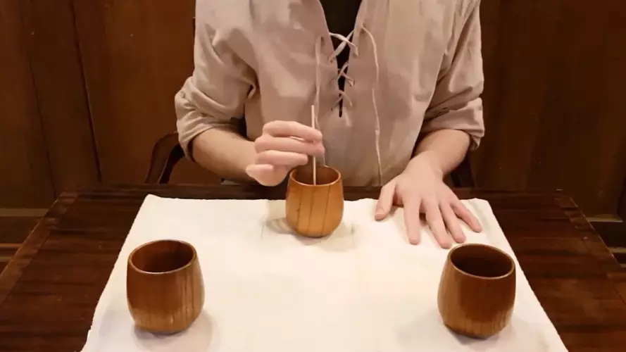 view showing the torso of a person in medieval dress at a table with wooden cups