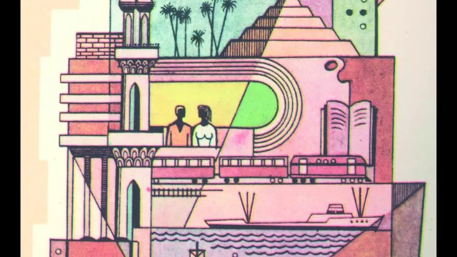 illustration of features of the Egyptian landscape in pinkish colours