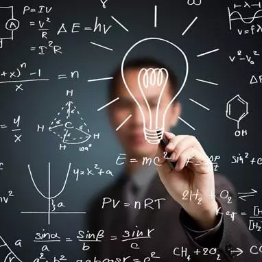 ban behind plate of glass covered in mathematical equations drawing lightbulb