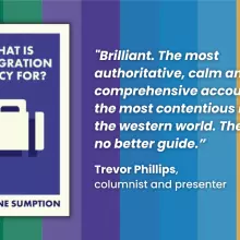 book cover featuring a graphic of a suitcase. Includes quote: "Brilliant. The most authoritative, calm and comprehensive account of the most contentious issue in the western world. There is no better guide than Sumption through the arguments to the realit