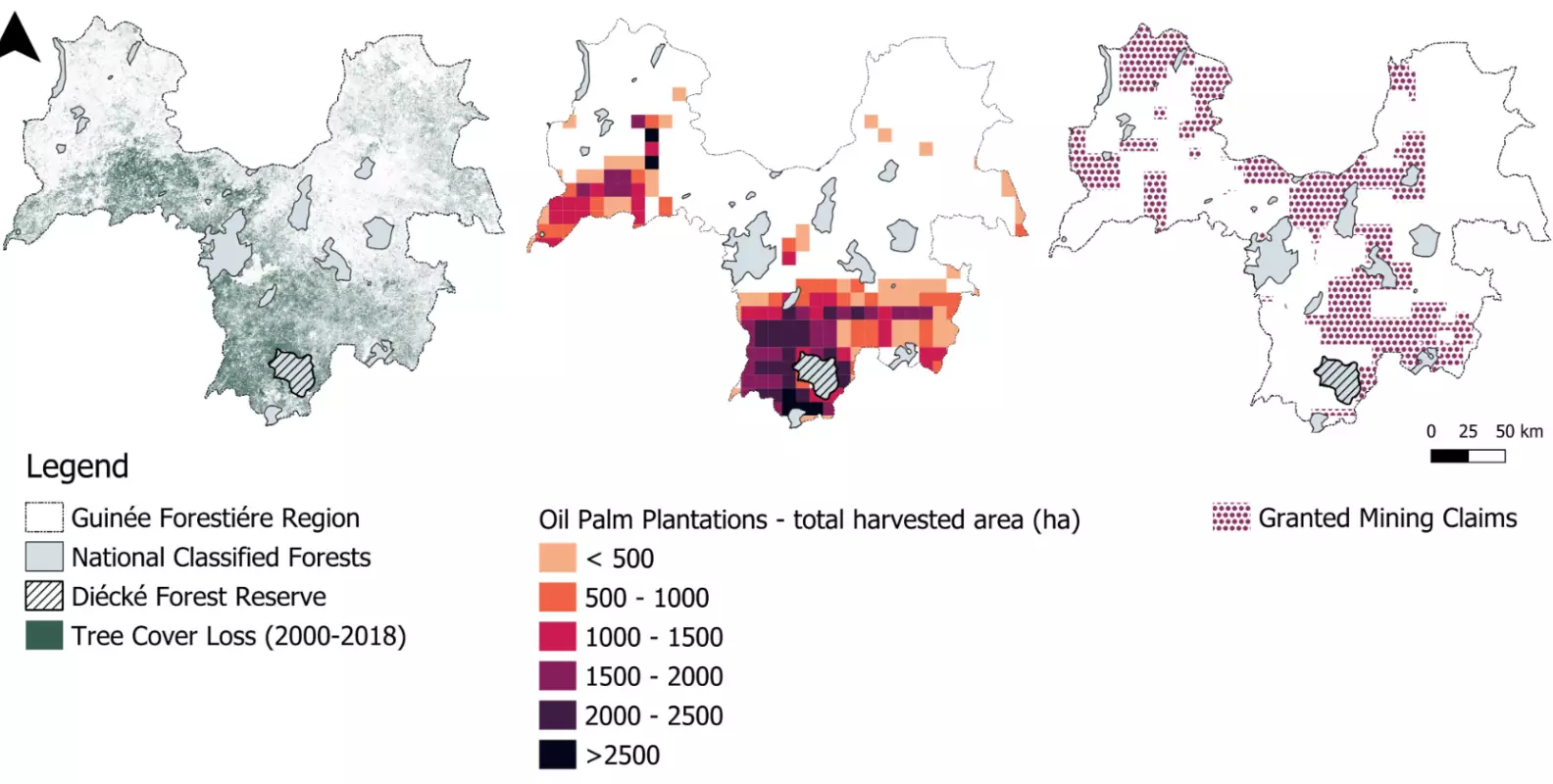 heat map showing human activites in the Guinée Forestiére Region
