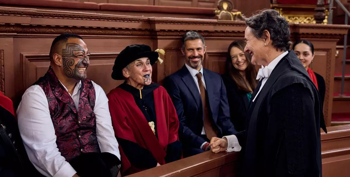 (Right) Professor Irene Tracy, Vice-Chancellor of the University of Oxford, speaks with Mākereti's family and guests in the Sheldonian Theatre after the graduation ceremony.