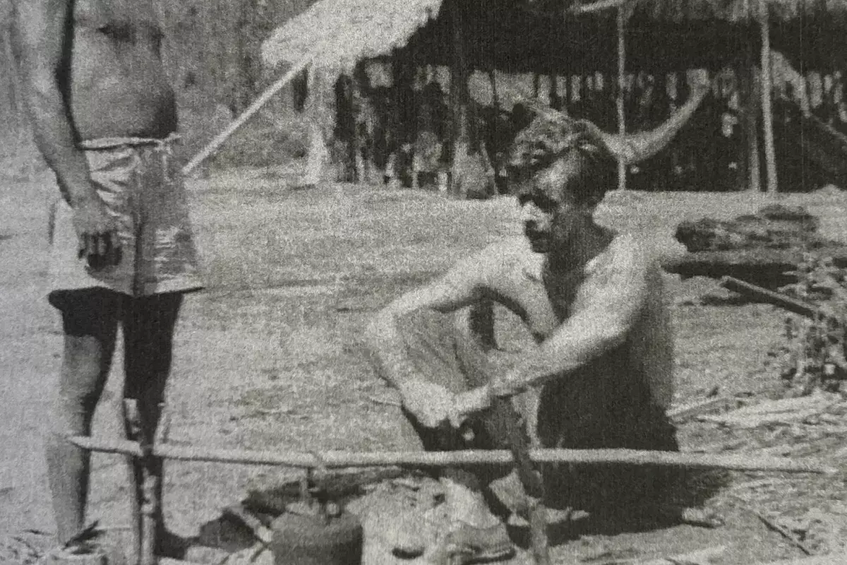 Photo of Darcy Ribeiro and Francis [Huxley] with the Ka'apor from from roberts and itten 2021