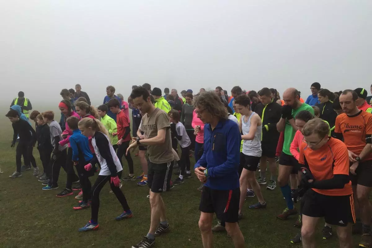 The 09:00 start of a parkrun at Harcourt Hill in Oxfordshire on  a grey morning
