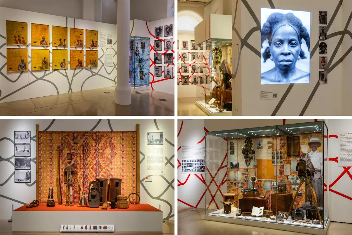 4 pictures of exhibits including images and artefacts