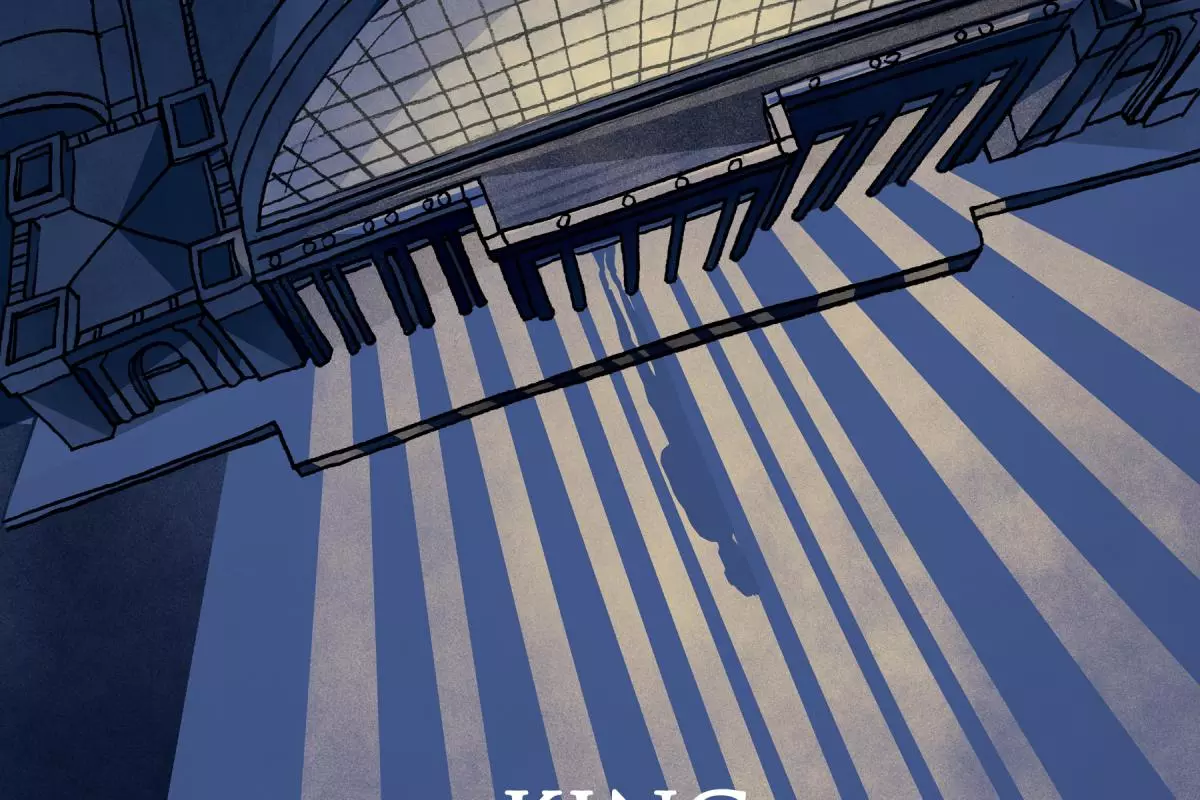 Book cover showing graphic image of an entrance way at night viewed from above 